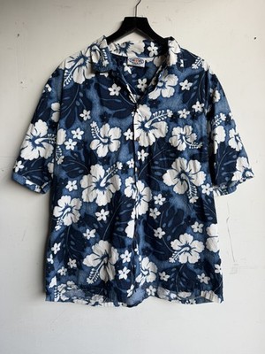 Vintage Paradise Found Mens Hawaiian Camp Shirt Large Star floral Blue Aloha