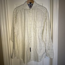 Vtg Tommy Hilfiger Men's Size 16/34 Ivory w/Navy Green Striped Shirt Crest Logo
