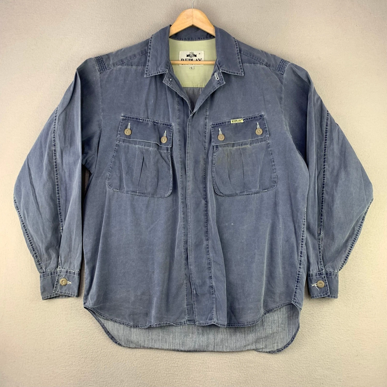 Vintage Military Surplus Jungle Shirt Mens Large Blue Faded Replay Made in Italy