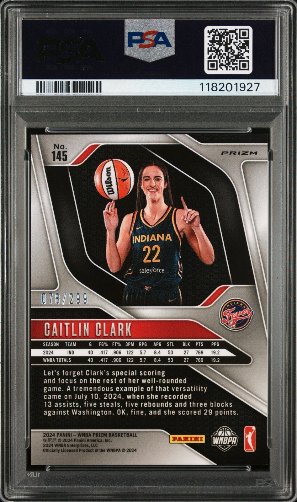 2024 Panini Prizm WNBA Caitlin Clark #145 Red Pulsar /299 RC PSA 9 view 2