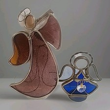 2 Different Stained Glass  Metal Framed Angel Figurines on Platform, Ornament
