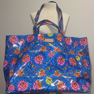 Consuela Rosie Jumbo Grab N Go Tote Bag Blue Floral Roses Large Beach Travel