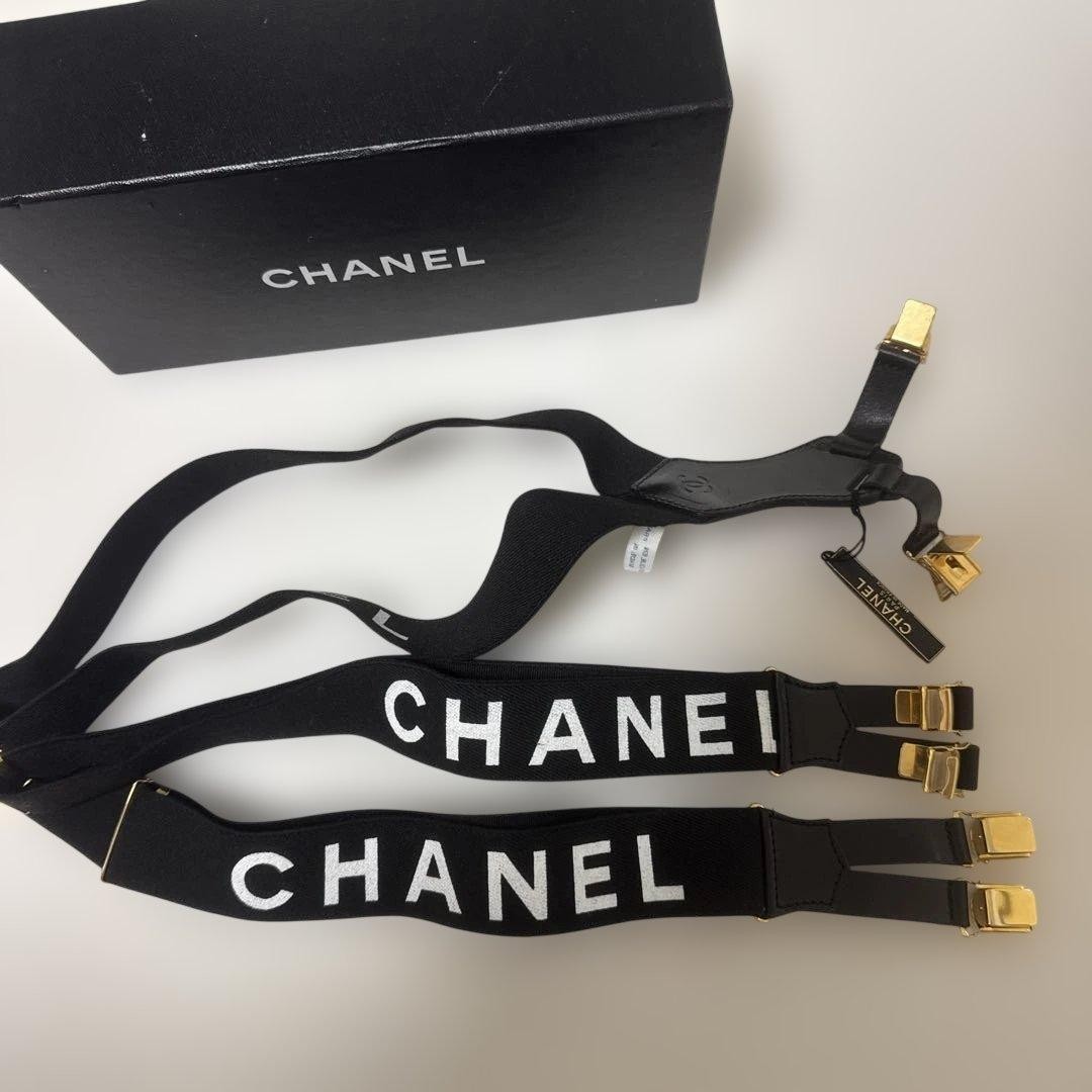 CHANEL CC Suspenders Black White Gold Canvas Leather Vintage With