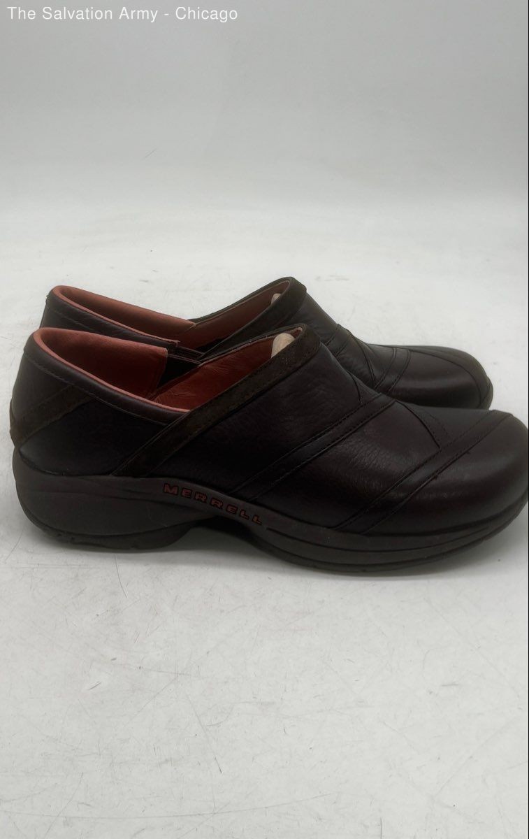 Merrell Womens Primo Patch Brown Leather Slip On Casual Clog Shoes Size 9.5