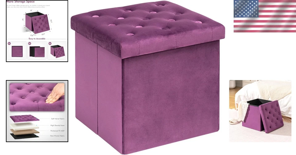 Luxury Velvet Folding Storage Ottoman - Stylish Footstool in Purple - Medium - Image 2 of 4
