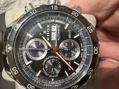 Edox Grand Ocean Automatic Chronograph Watch Black Dial Rubber Strap 300m w/ Box