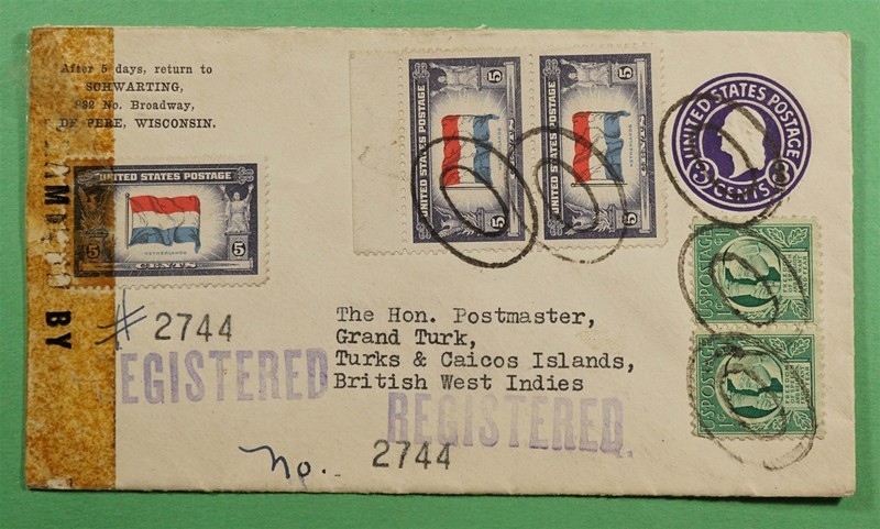 DR WHO 1943 REGISTERED UPRATED STATIONERY TO TURKS & CAICOS IS CENSORED R85983
