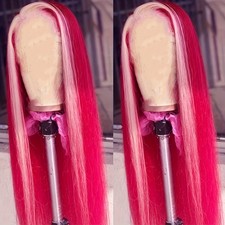 Synthetic Lace Front Wigs Highlights Color Long Straight Hair Hot Pink Heat Safe