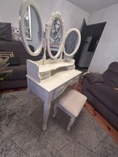 Creme Shabby Dressing Table 7 Drawers Triple Oval Mirror Stool 89x40x94
