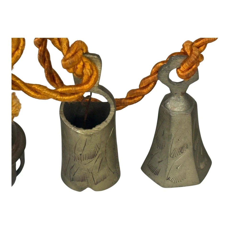 Vintage Brass Bells of Sarna India On Twisted Rope Set Of 6 Door Wall Decor - Image 2 of 4