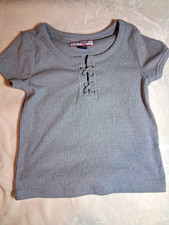 Limited Too Girls Gray Solid Ribbed Knit Lace-Up T-Shirt Short Sleeve Size 10