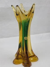 Bohemia Glass Czech Republic Amber & Green Flared Star-Shaped Mouth 11.75" Vase