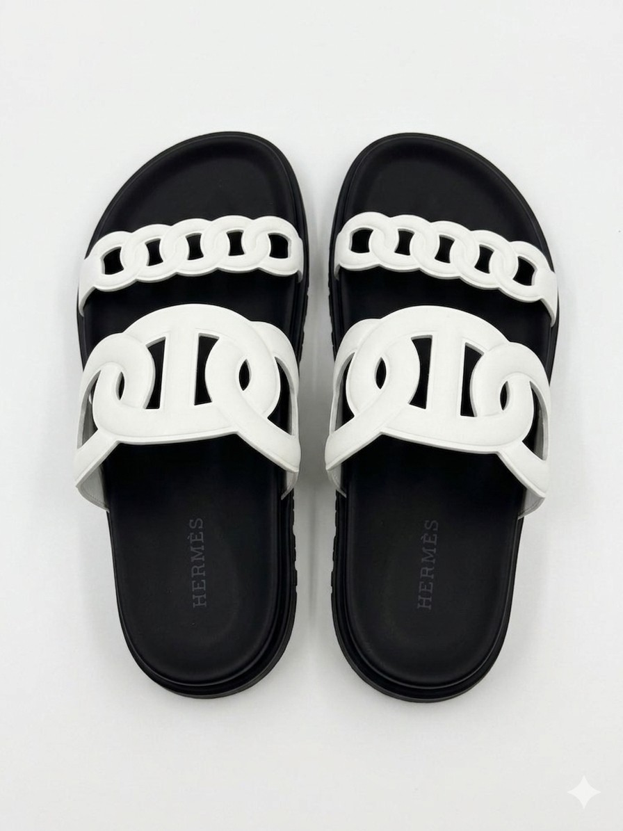 Hermes White Slide Sandals with Black Graphic Logo - men Hermes Extra Sandals White Black Chaine d main image 3
