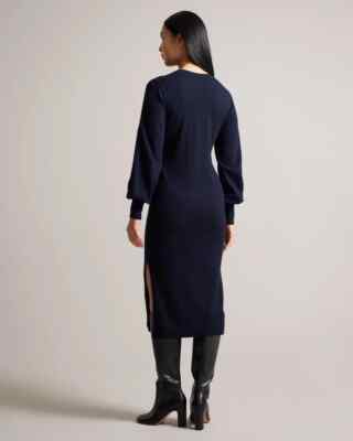 TED BAKER Dark Navy Essya Slouchy Tie Front Sweater Knit Midi