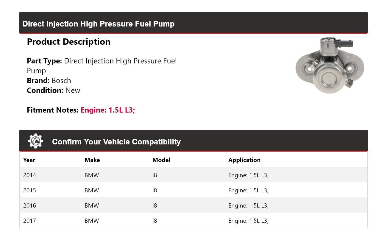 For 2014-2017 BMW i8 1.5L L3 Bosch Direct Injection High Pressure Fuel Pump 2015
