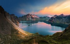Landscape nature mountains lake clouds snowy peak water Custom Gaming Mat Desk