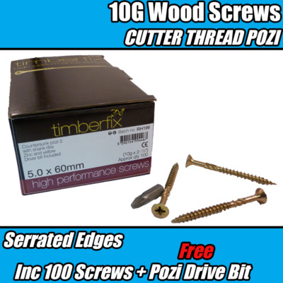 5.0mm x 60mm 10G PREMIUM WOOD SCREWS CUTTER THREAD POZI CSK TIMBERFIX ...