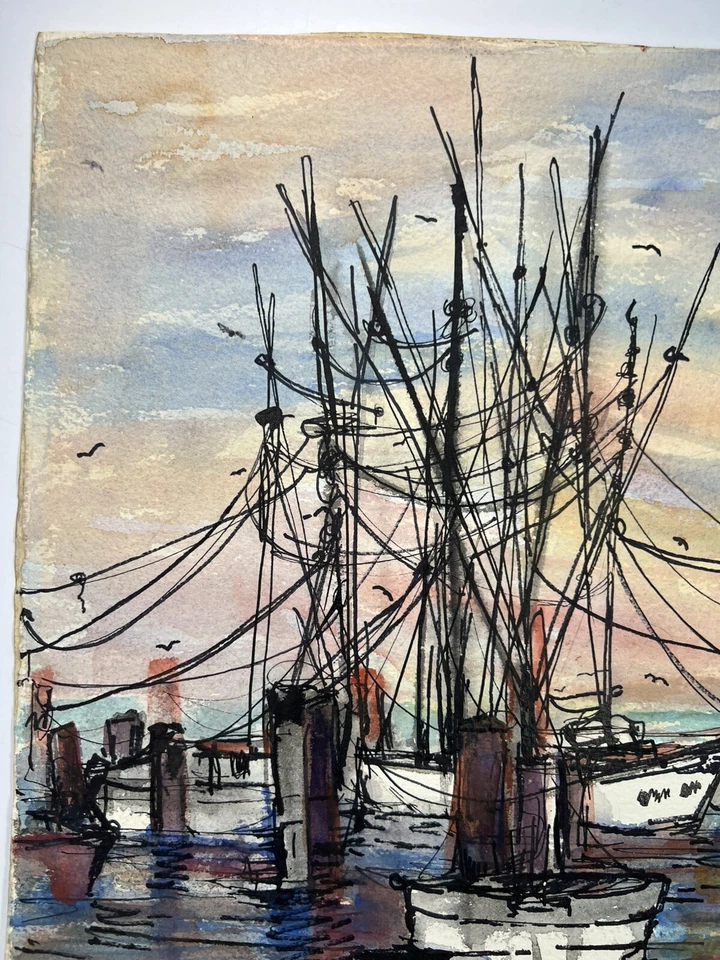 "Pintura acuarela original de barcos en puerto 14x11"" Elise Speights bellas artes" Foto 3 de 4