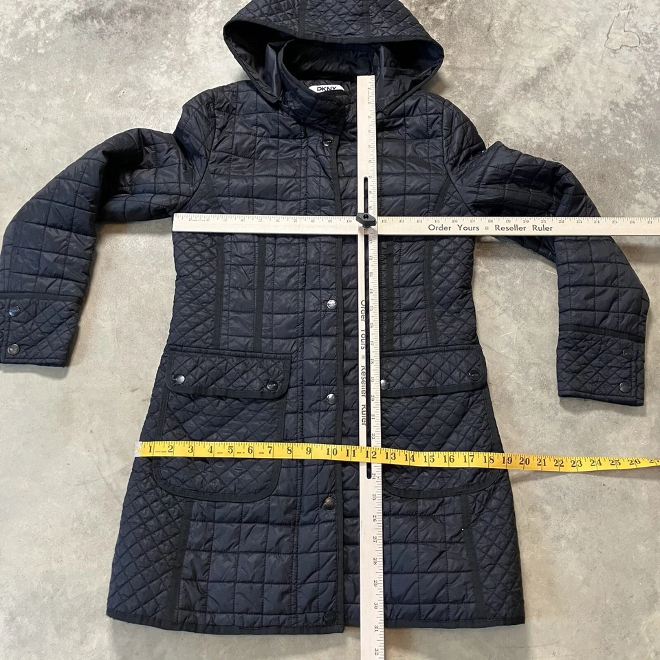 Chaqueta DKNY Mujer Talla Pequeña Negra Acolchada Abrigo con Capucha Largo Medio Ligero Foto 2 de 4