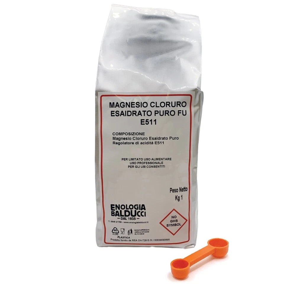 ENOLOGIA BALDUCCI OFFERTA KG.1 MAGNESIO CLORURO ESAIDRATO PURO FU - E511 + OMAGGIO DOSATORE 1/2 gr