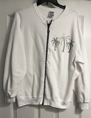 Jerzees Medium Palm Tree Jacket Handmade Bead Stud Rhinestone Zipper Coastal