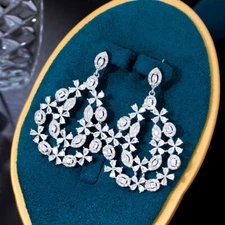 Silver Plated Flower Drop Earrings Cubic Zirconia Bridal Wedding Costume Jewelry