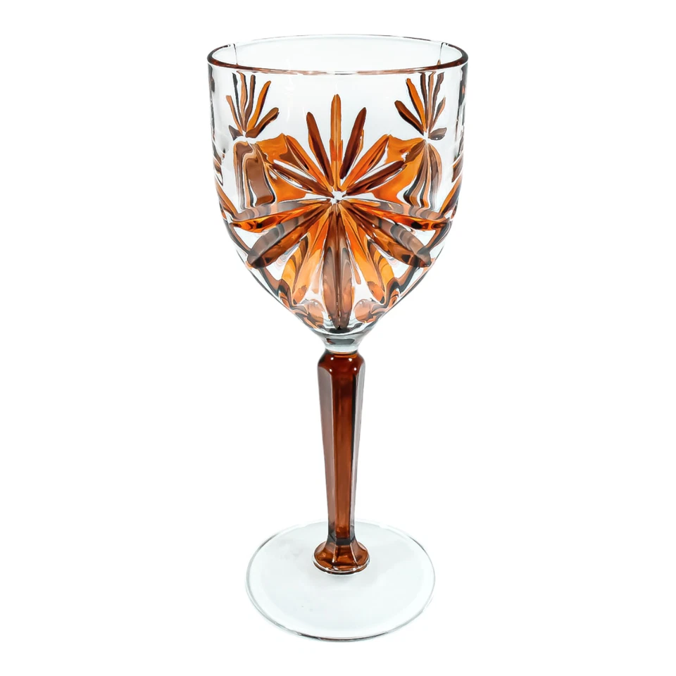 Pair of Orange Brown Murano Wine Glasses Hand Painted Dark Stem Venice 20cm - Image 4 of 4