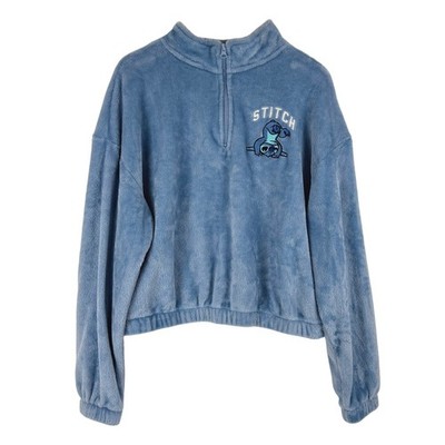 Disney Juniors Embroidered Stitch Quarter Zip Fuzzy Fleece Sweatshirt Blue XL