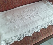 Antica Finta Lenzuolo Striscia RicamoMano Epoca 800 Pizzo Rinascimento Cm280x100