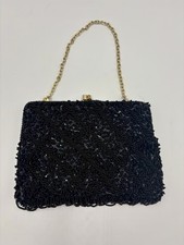 Vintage 1960s Black Beaded Evening Bag Hand Made Hong Kong Gold Chain Clutch
