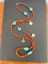 Vintage Stick Coral and Turquoise Long Statement Necklace Medallions