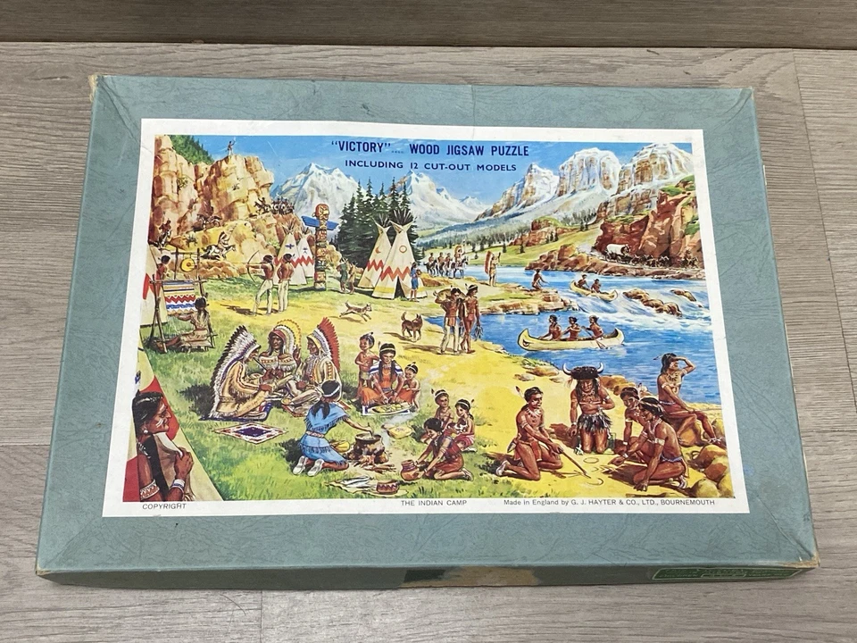 VICTORY WOODEN JIGSAW PUZZLE w/ CUT OUT SHAPES “THE INDIAN CAMP” ORIGINAL BOX - Image 2 of 4