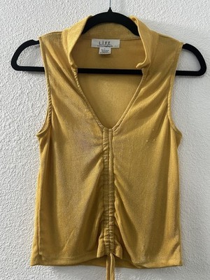L.I.F.E. Love Is For Eternity Gold Slinky Cinch Up Waist Summer Tank Sz L