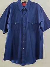 VTG Plains Western Wear Lg Shirt Pearl Snap Navy Blue Cowboy Pockets Collar EVC
