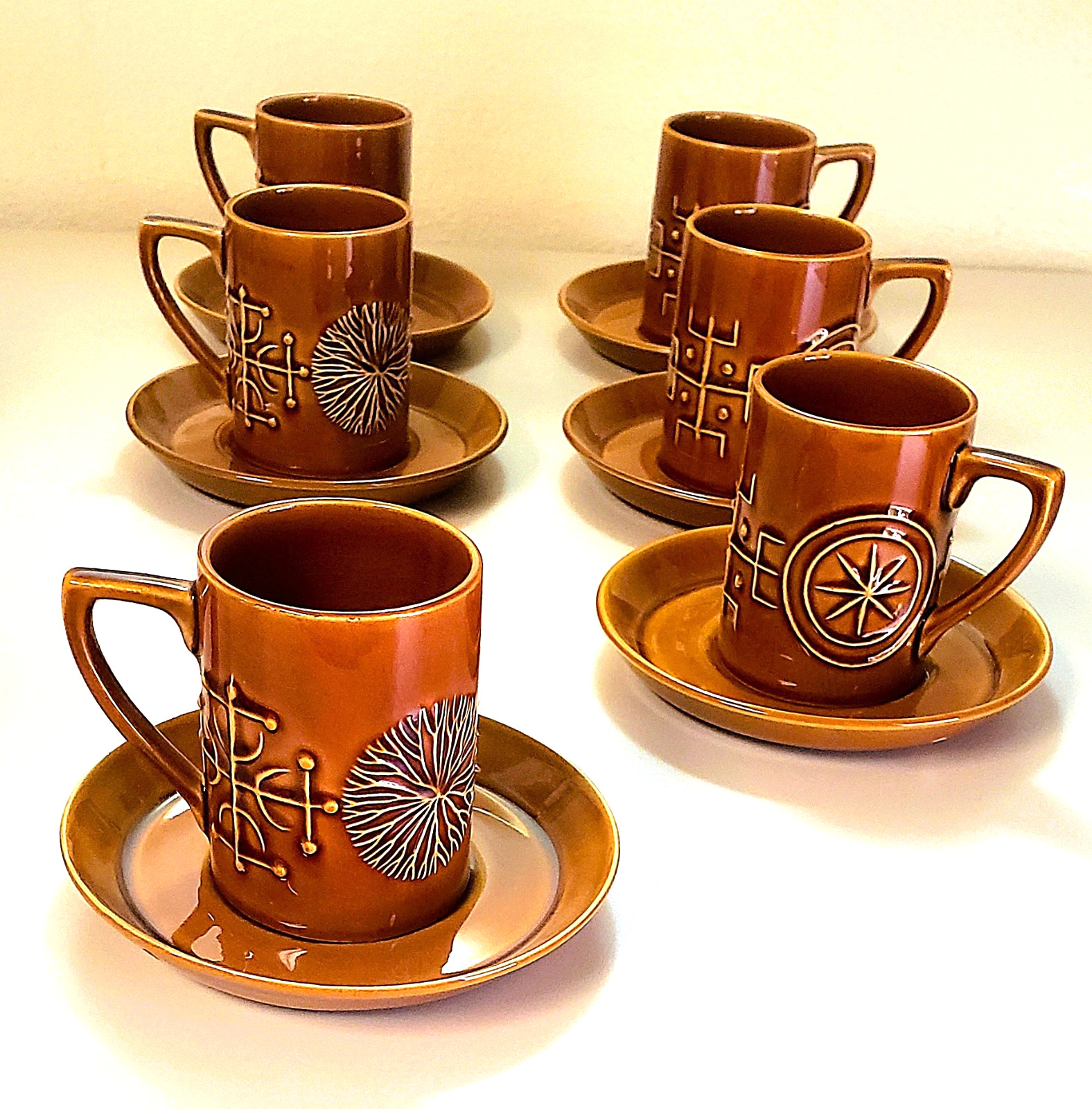 PORTMEIRION 1960s ENGLISH POTTERY by SUSAN WILLIAMS  *TOTEM*  6 Caramel CUPS
