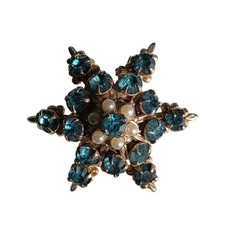 Vintage Blue Faceted Stone Faux Pearl Snowflake Star Brooch Gold Tone 1"