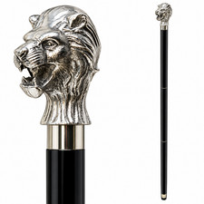 Silver Lion Head Walking Cane Handmade Aluminum Handle 3-Fold Gentleman Stick