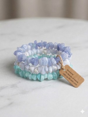 3pc Natural Blue Lace Agate Aquamarine Crystal Chip Bracelet  Boho Stone Stack