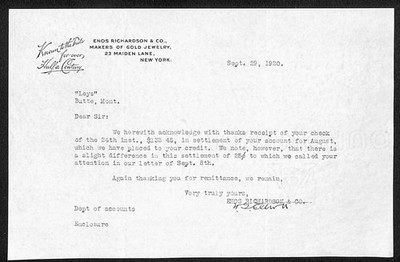 1920 Enos Richardson & Co. Gold Jewelry NYC Letterhead to Leys Butte, MT*