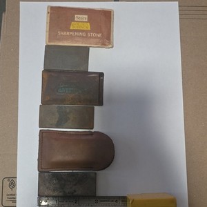 Vintage Sharpening Stone Lot of 3-Sears Golden Science & Dan’s Whetstone w/Pouch