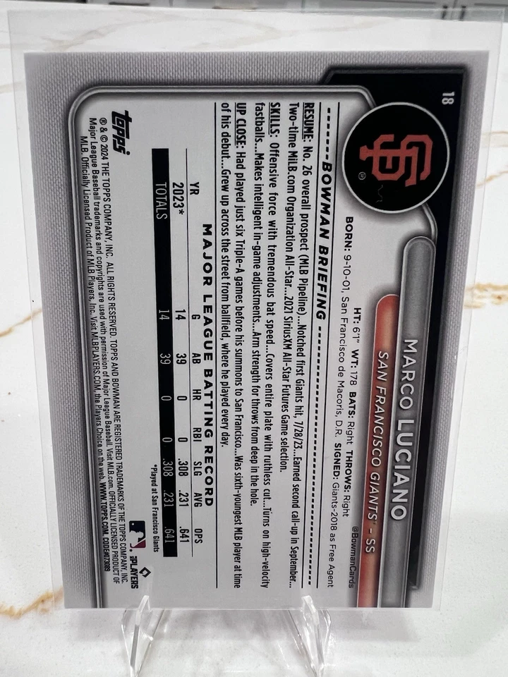 2024 Bowman - Marco Luciano #18 Pink Border /175 (RC) - Image 2 of 2