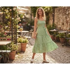 Draper James RSVP Green Gingham Tiered Midi Dress Cotton Ruffle Strap Size M