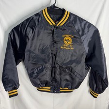 King Louie Pro Fit Bomber Jacket Men L Black Paperworkers Union Satin Vintage