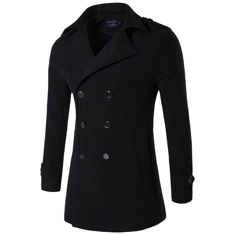Men's Slim Fit Peacoat Double Breasted Woolen Jacket Outdoor Lapel