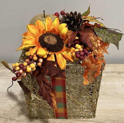 Fall Decor Floral Gift Box Apple Autumn Leaves Pinecones Glitter Gold Multicolor