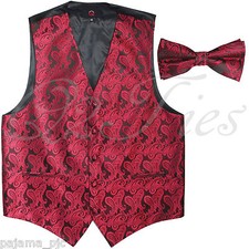 BLACK / REDPaisley Tuxedo Suit Dress Vest Waistcoat  Bowtie Wedding Prom