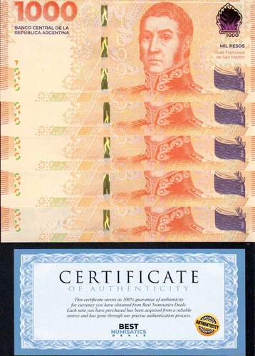Argentina 1000 pesos San Martin UNC CURRENCY MONEY x 5 BANKNOTES COA