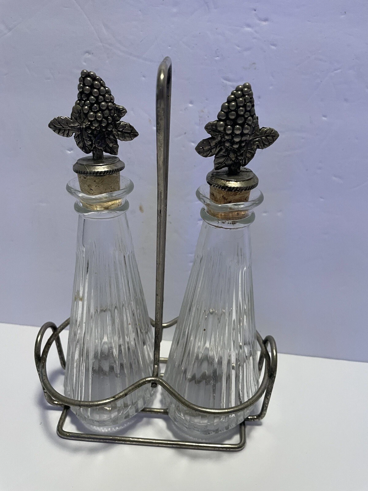 Vintage Oil & Vinegar Cruet Set, Ribbed glass, silver grapes, w Metal Holder