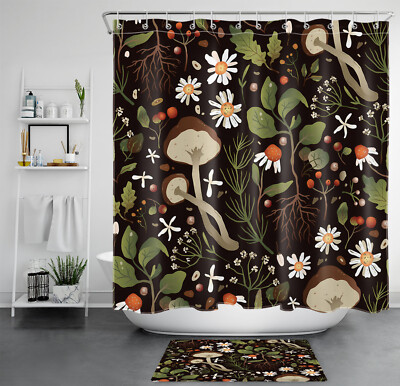 Green Leaf Daisy Brown Mushroom Black Shower Curtain Bathroom Accessories Set