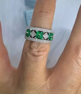 2Ct Round Cut Lab-Created Green Emerald Wedding Band Ring 14K White Gold Plated